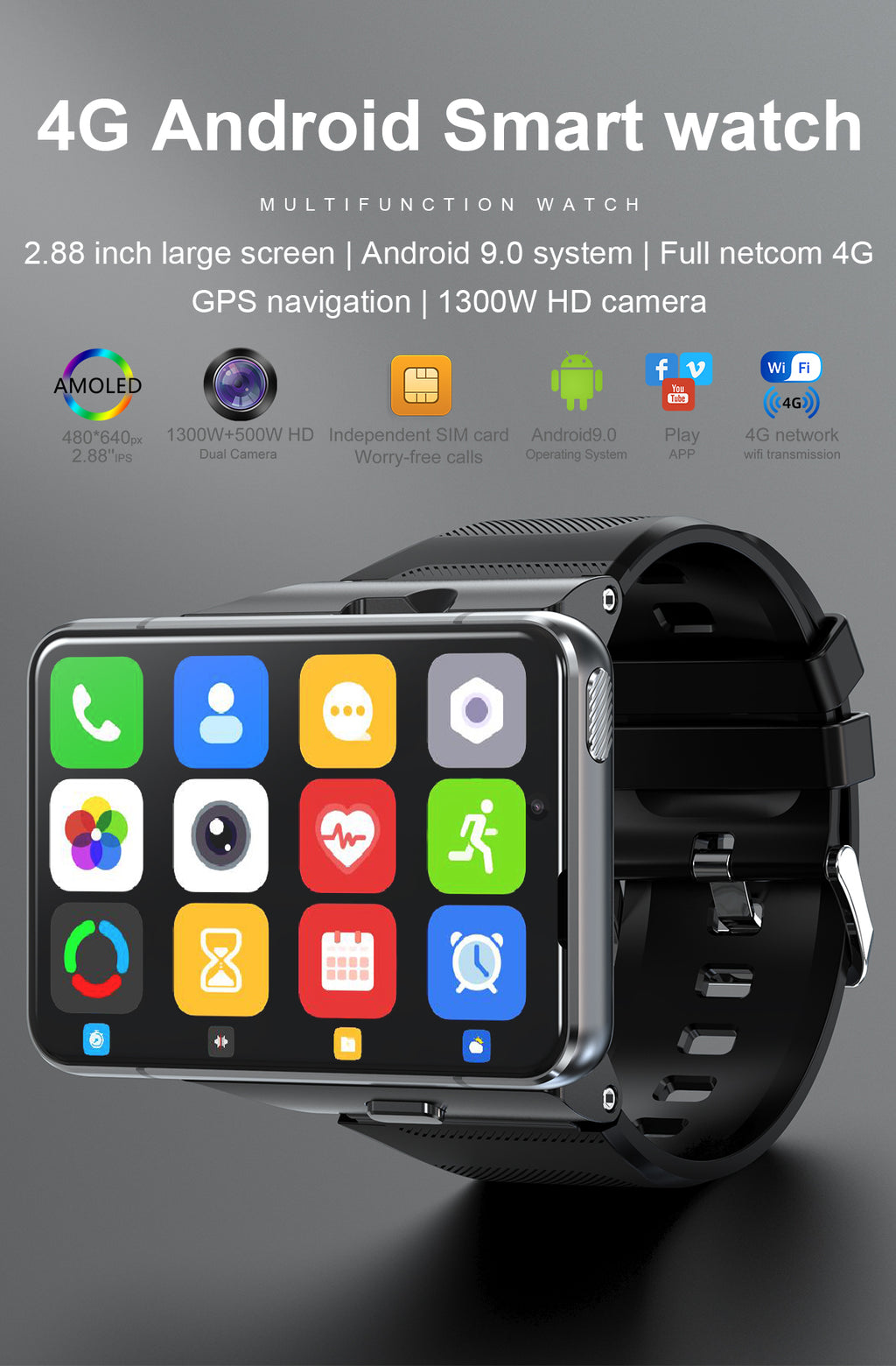C-2-1  Nuovo 4G Internet GPS Smartwatch 4GB 64GB Android 11.0 2.88 "Grande schermo 800W + 200w doppia fotocamera Google Play SIM Card Orologio sportivo per uomini (nero)