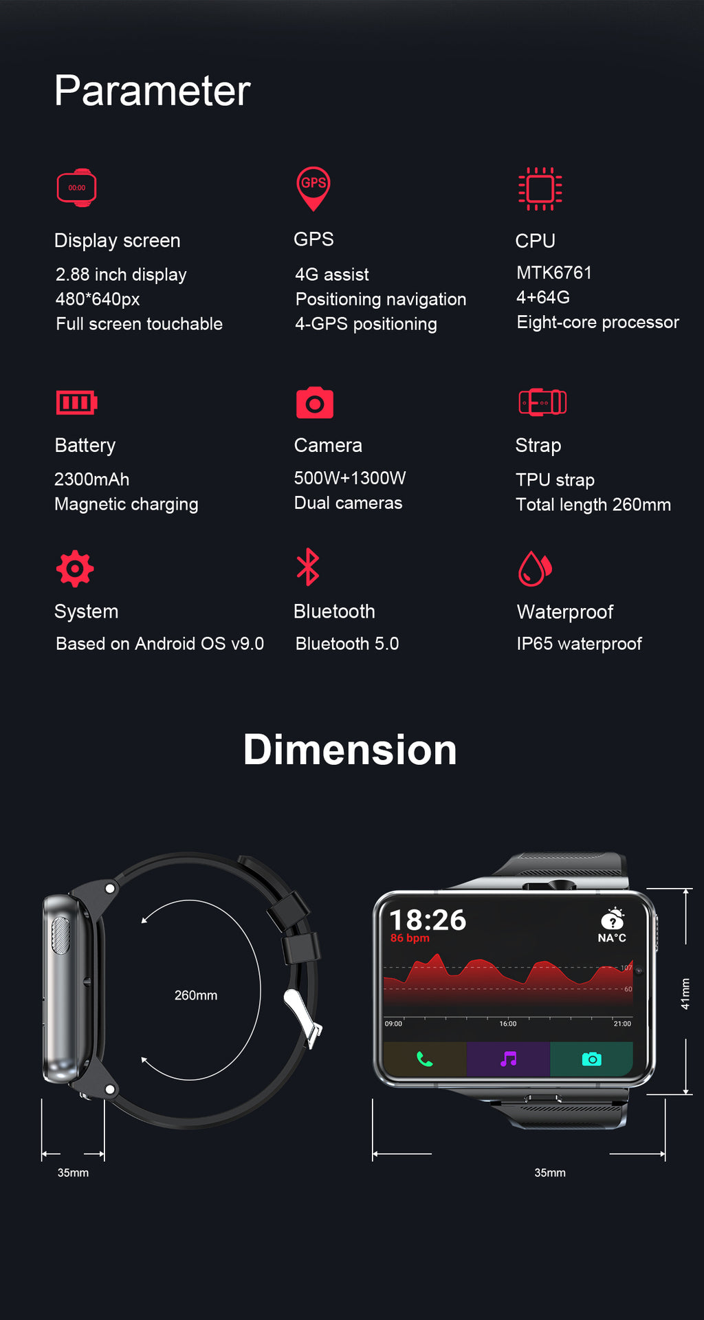 C-2-1  Nuovo 4G Internet GPS Smartwatch 4GB 64GB Android 11.0 2.88 "Grande schermo 800W + 200w doppia fotocamera Google Play SIM Card Orologio sportivo per uomini (nero)