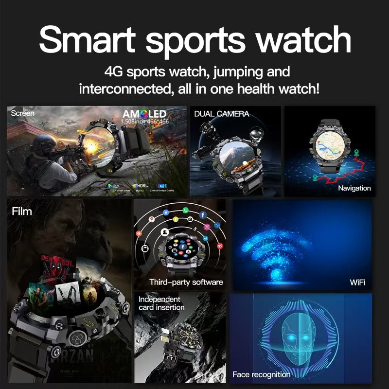 B-5 4G LTE Smartwatch 1.508 Zoll AMOLED Bildschirm GPS Navigation High Definition Dual Camera 8 Millionen + 2 Millionen Google Play SIM-Karte Smart Watch für Männer (schwarz)