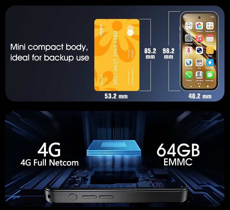 AA1 Mini Smartwatch | Android 12.0 | 3.97" HD Screen | Dual SIM + TF Card | 5MP+8MP AF Cameras | 4GB RAM 64GB Storage | Bluetooth 5.0