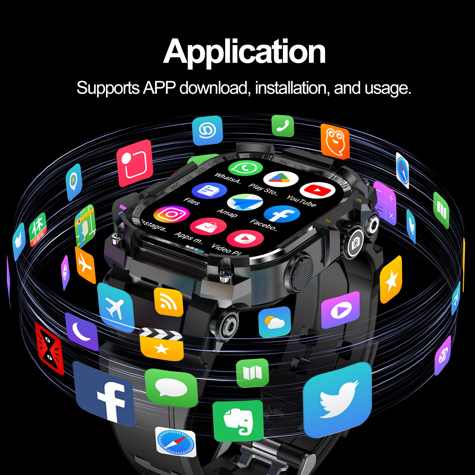 B-7 4G Smart Watch Quad Core 3GB 32GB Rotating Camera Herrenuhr 2.06" AMOLED HD Screen Smartwatch WiFi Bluetooth GPS Fitness Tracker Sportuhr (schwarz)